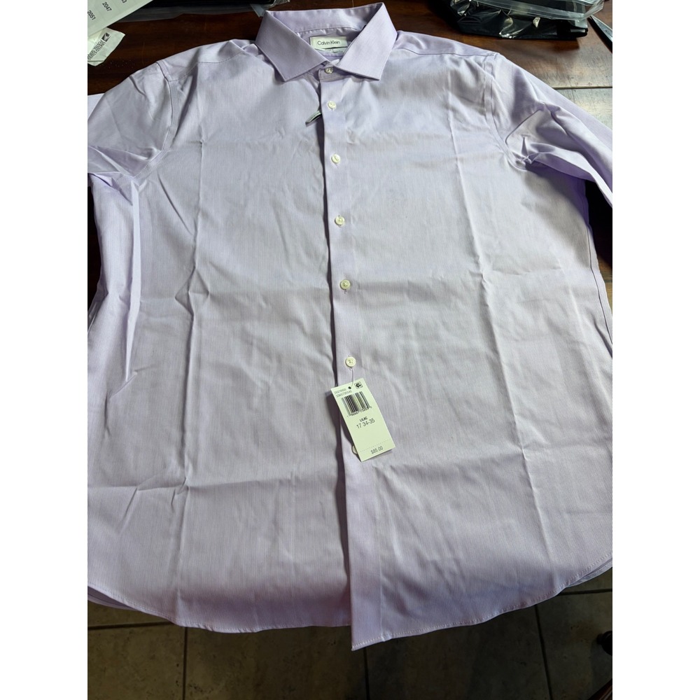 Calvin Klein Steel+ Slim Fit Dress Shirt Lilac Purple 17 34-35 XL Wrinkle Free